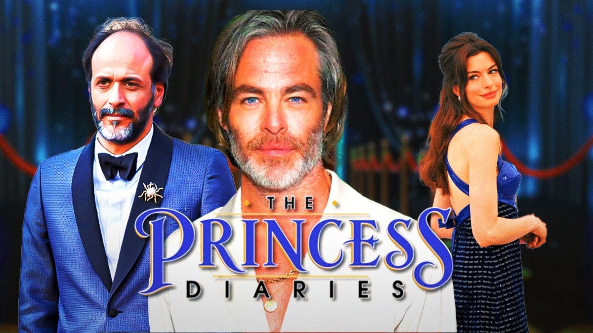 Chris Pine with Challengers director Luca Guadagnino and Anne Hathaway with The Princess Diaries logo.