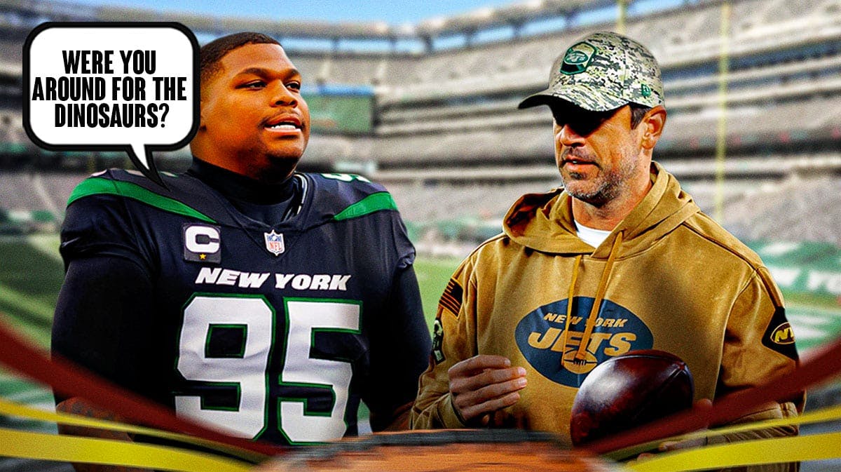 Quinnen Williams asks Aaron Rodgers "were you around for the dinosaurs?"