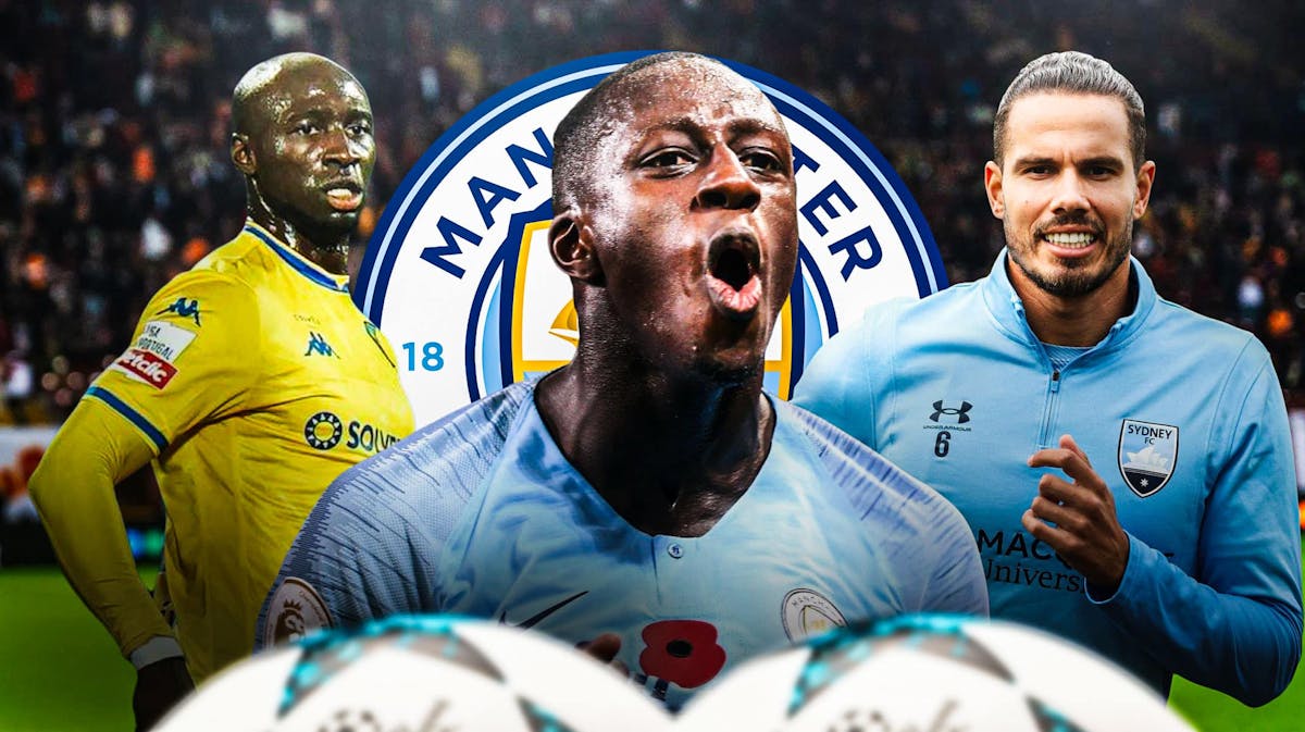 Benjamin Mendy, Eliaquim Mangala, Jack Rodwell in front of the Manchester City logo