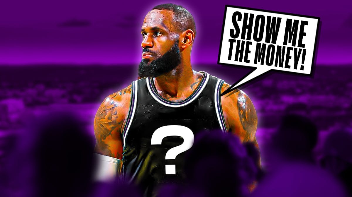 LeBron James with a question mark on his jersy saying "Show me the money!"