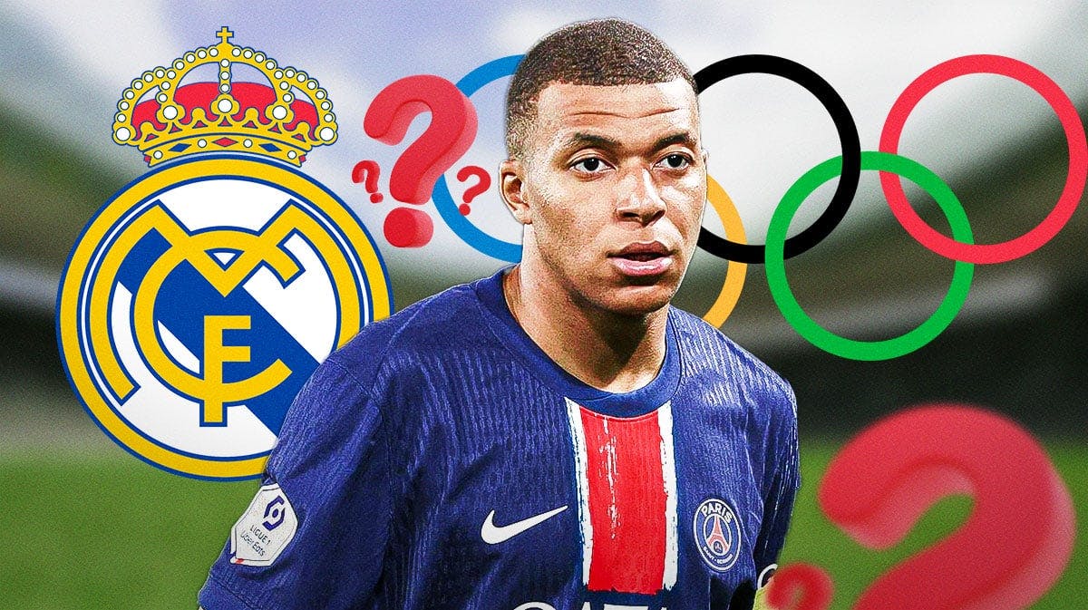 Kylian Mbappe in front of the Real Madrid logo and the Olympic rings, questionmarks in the air
