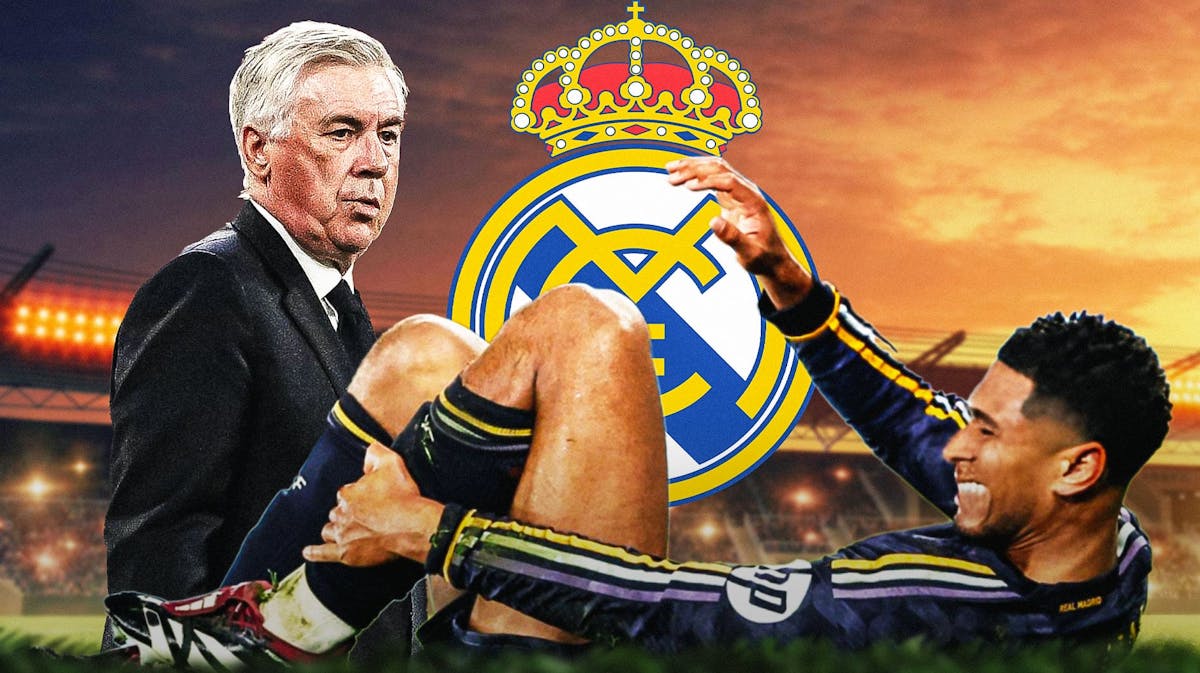 Carlo Ancelotti looking at an injured/sad Jude Bellingham, the Real Madrid logo behind them