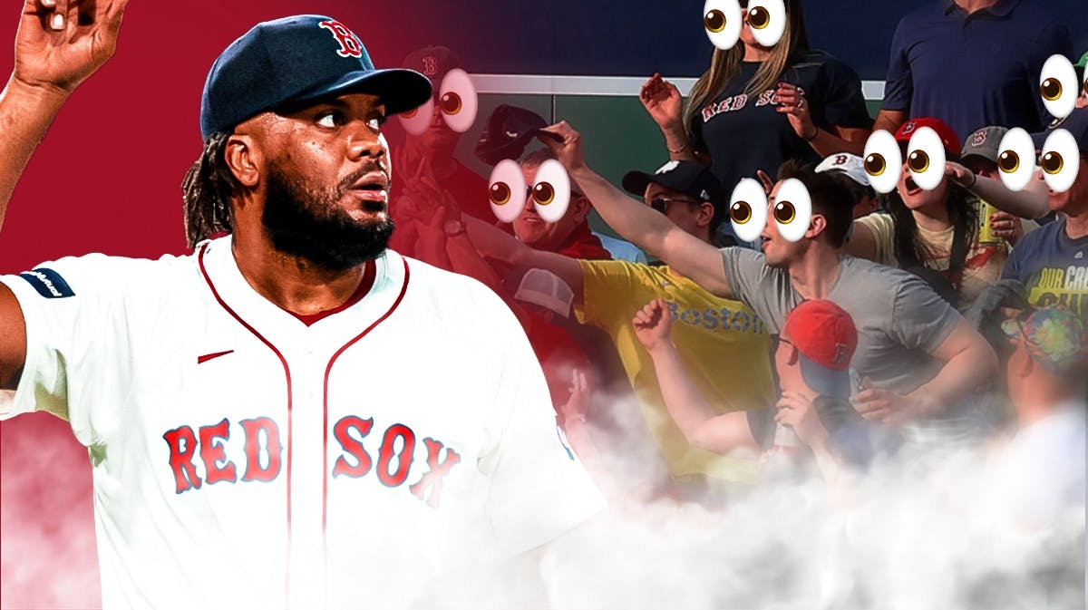 Kenley Jansen on one side, a bunch of Boston Red Sox fans on the other side with the big eyes emoji over their faces