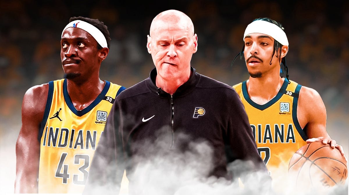 Indiana Pacers head coach Rick Carlisle and stats Pascal Siakam and Andrew Nembhard in front of the Gainbridge Fieldhouse.