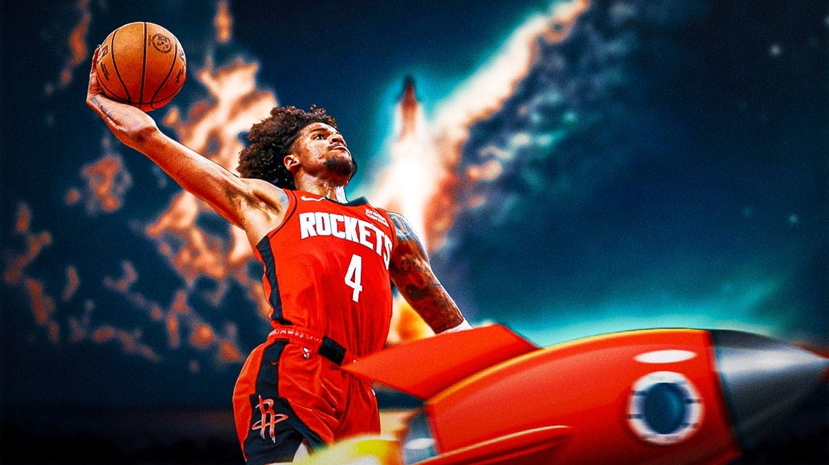 Houston Rockets shooting guard Jalen Green in the air among other rockets