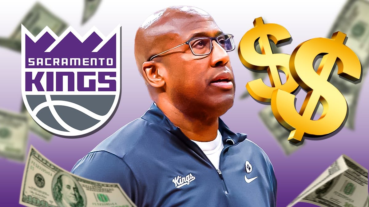 Kings head coach Mike Brown, dollar signs and falling money around him