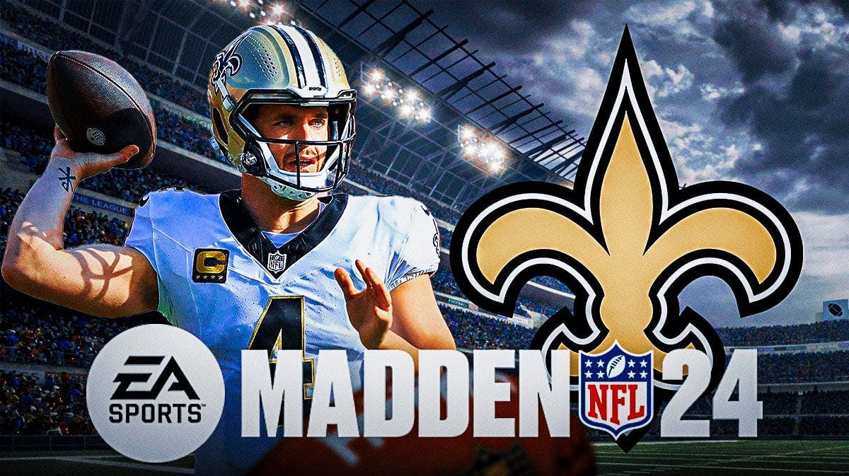 New Orleans Saints QB Derek Carr with a logo for the EA Sports Madden football games. There is also a logo for the New Orleans Saints.
