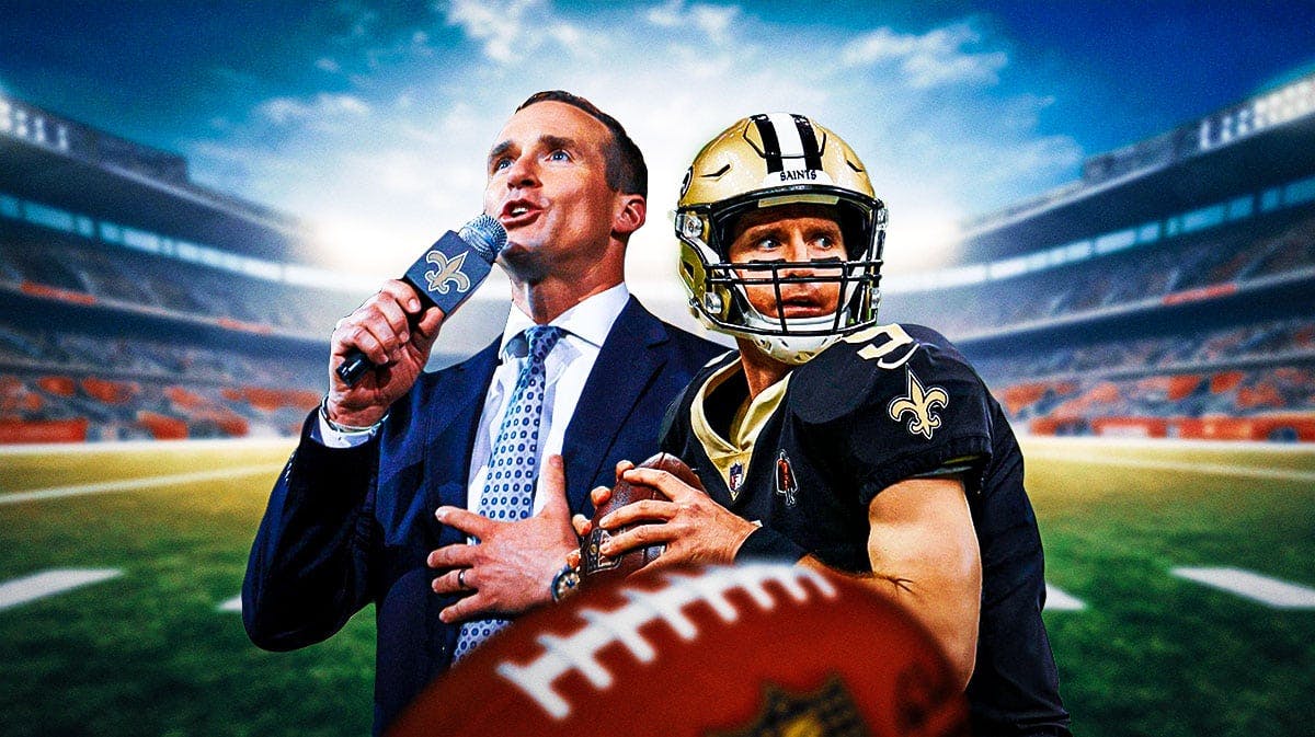 New Orleans Saints star Drew Brees in front of the Caesars Superdome.