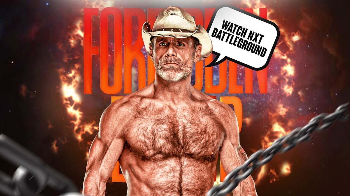 Shawn Michaels with a text bubble reading "Watch NXT Battleground" in front of the AEW Forbidden Door logo.