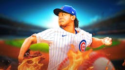 Shota Imanaga throwing a baseball with flames coming off of it