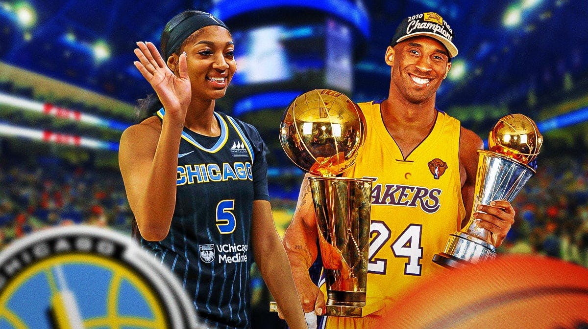 Angel Reese (Chicago Sky uniform) on left. On right, need Lakers' Kobe Bryant holding the NBA Finals Larry O'Brien Trophy.