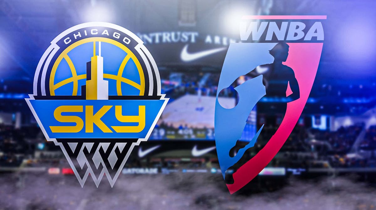 Chicago Sky logo sits next to WNBA logo theme night amid 2024 season, Wintrust Arena in background