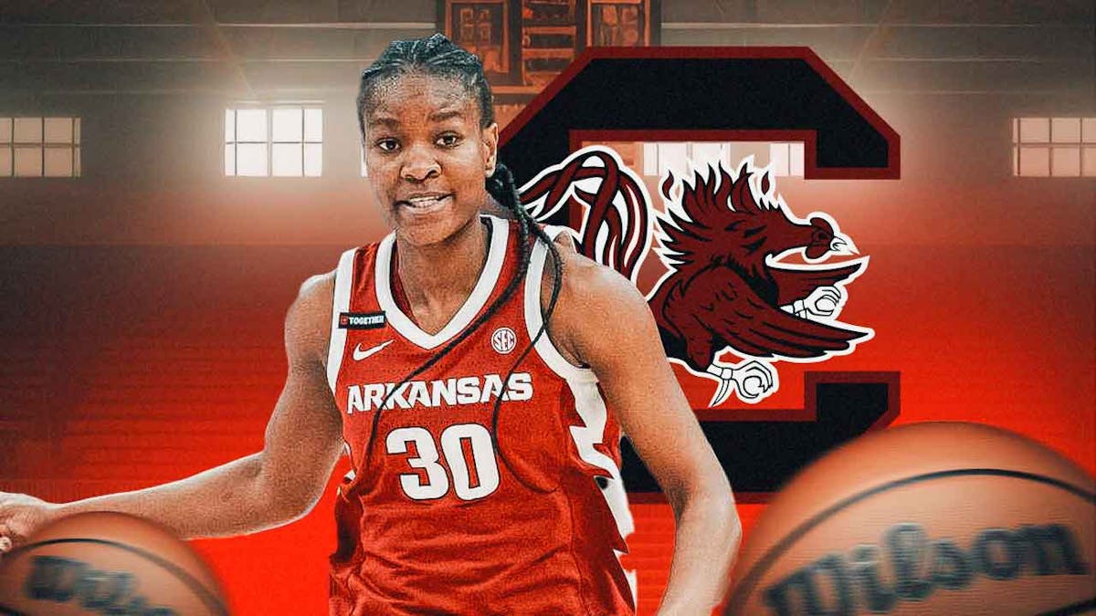 Arkansas women's basketball player Maryam Dauda, who committed to the South Carolina women's basketball team, with the University of South Carolina Gamecocks logo as the backdrop, and basketballs along the bottom of the thumbnail