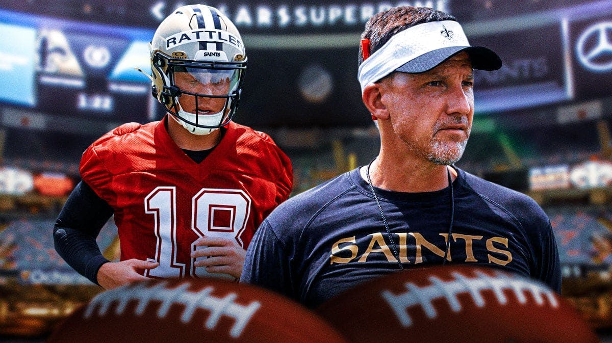 New Orleans Saints head coach Dennis Allen with rookie QB Spencer Rattler. There is also a logo for the New Orleans Saints.