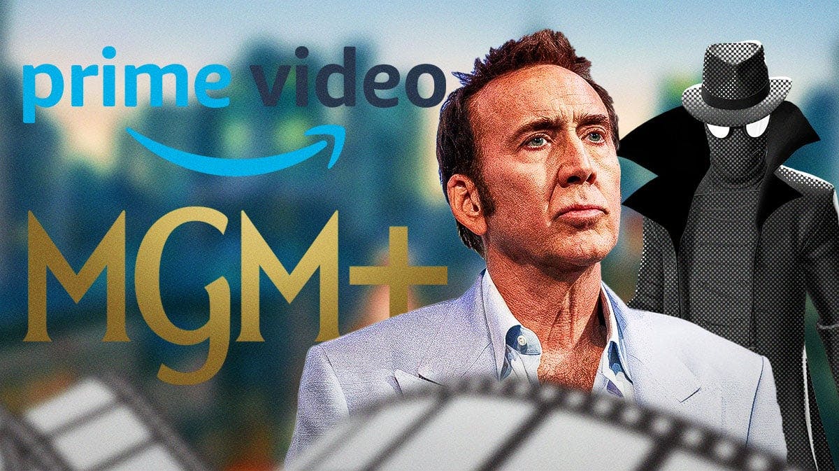 Prime Video and MGM+ logos with Nicolas Cage and Spider-Man Noir from Spider-Verse films.