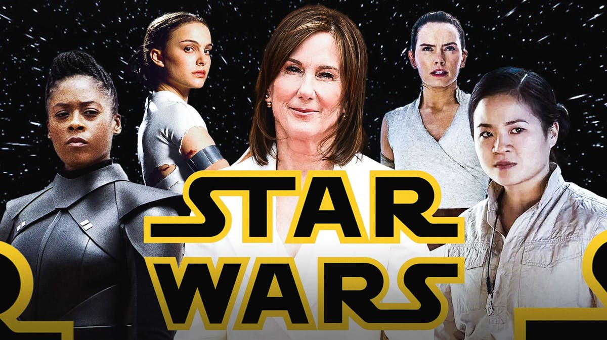 Lucasfilm executive Kathleen Kennedy with Star Wars logo and with Daisy Ridley as Rey, Kelly Marie Tran as Rose Tico, Natalie Portman as Padme, and Moses Ingram as Reva Sevander.