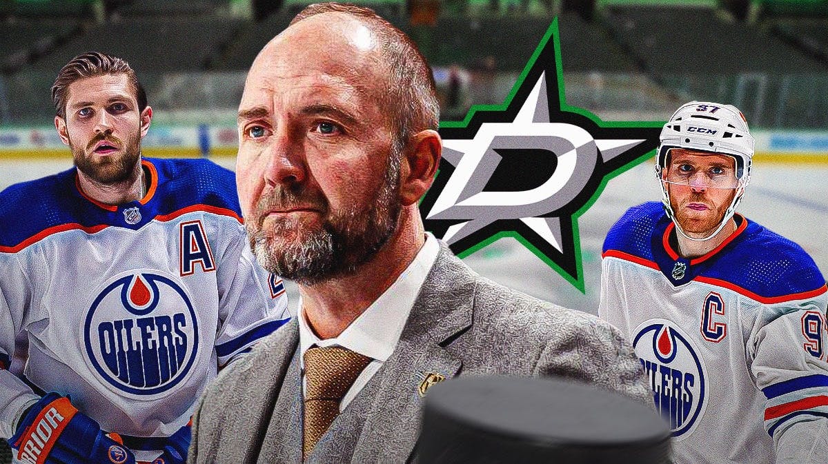 Pete DeBoer in middle of image looking stern, Connor McDavid and Leon Draisaitl on either side, Dallas Stars logo, hockey rink in background