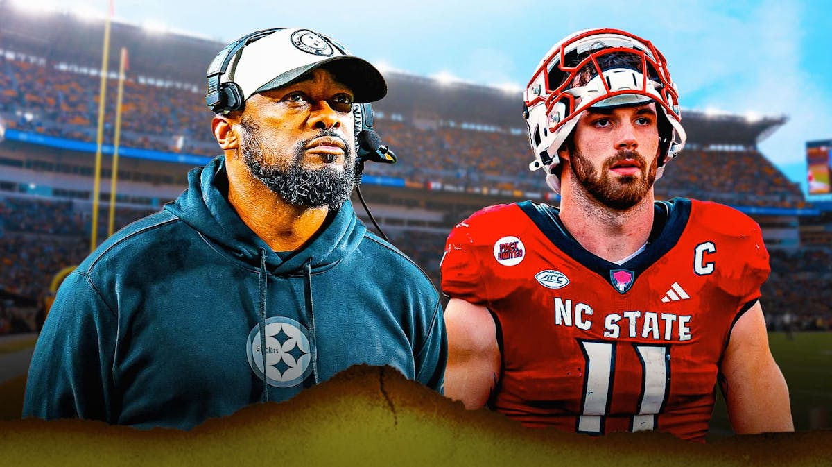 Steelers head coach Mike Tomlin looking at NC State's Payton Wilson