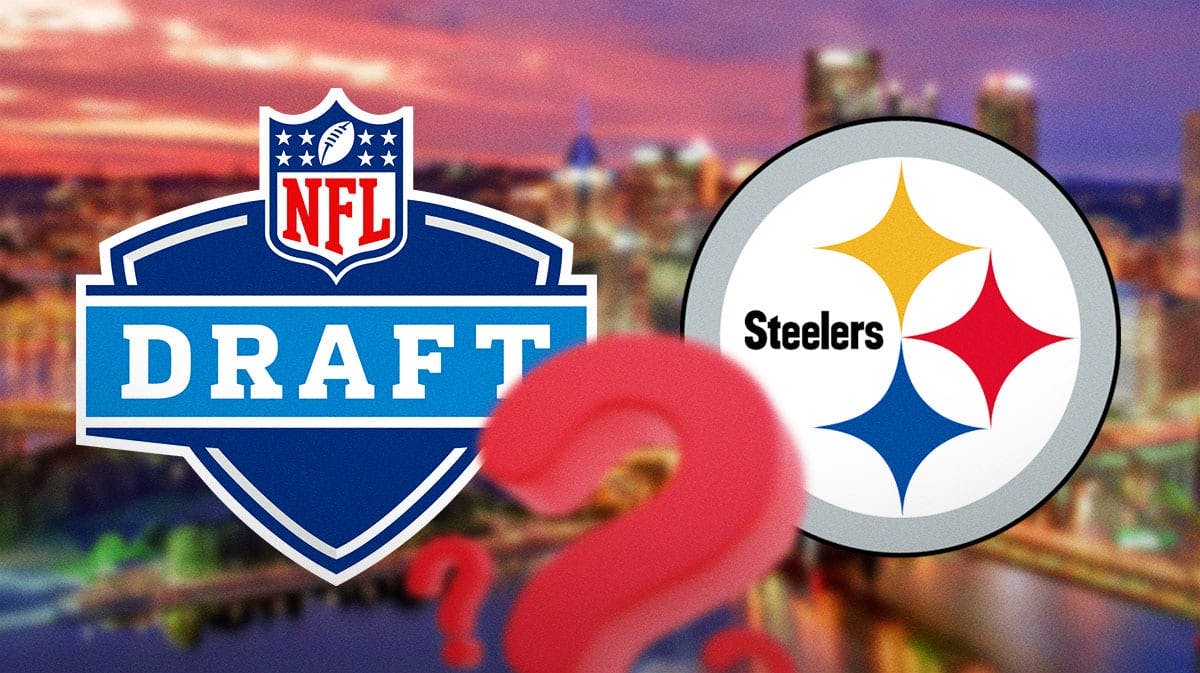 An image of the city of Pittsburgh, Pennsylvania with a logo for the NFL Draft and a big question mark. There is also a logo for the Pittsburgh Steelers.