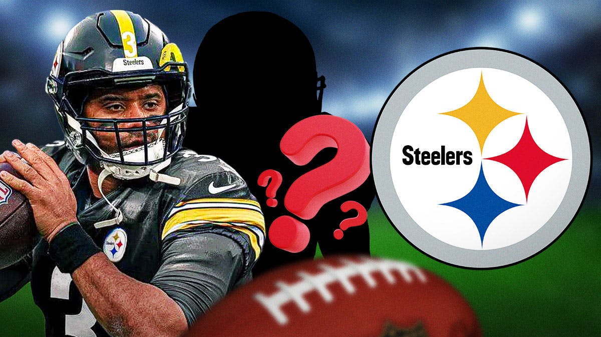 Pittsburgh Steelers QB Russell Wilson next to a silhouette of a man with a question mark in the middle. They are next to a logo for the Pittsburgh Steelers.