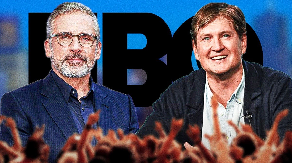 Steve Carrell, HBO logo, and Bill Lawrence (the showrunner of Ted Lasso)