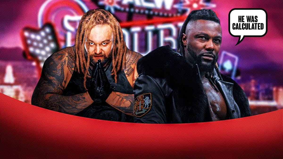 Swerve Strickland with a text bubble reading "He was calculated" next to Bray Wyatt with the 2024 AEW Double or Nothing logo as the background.