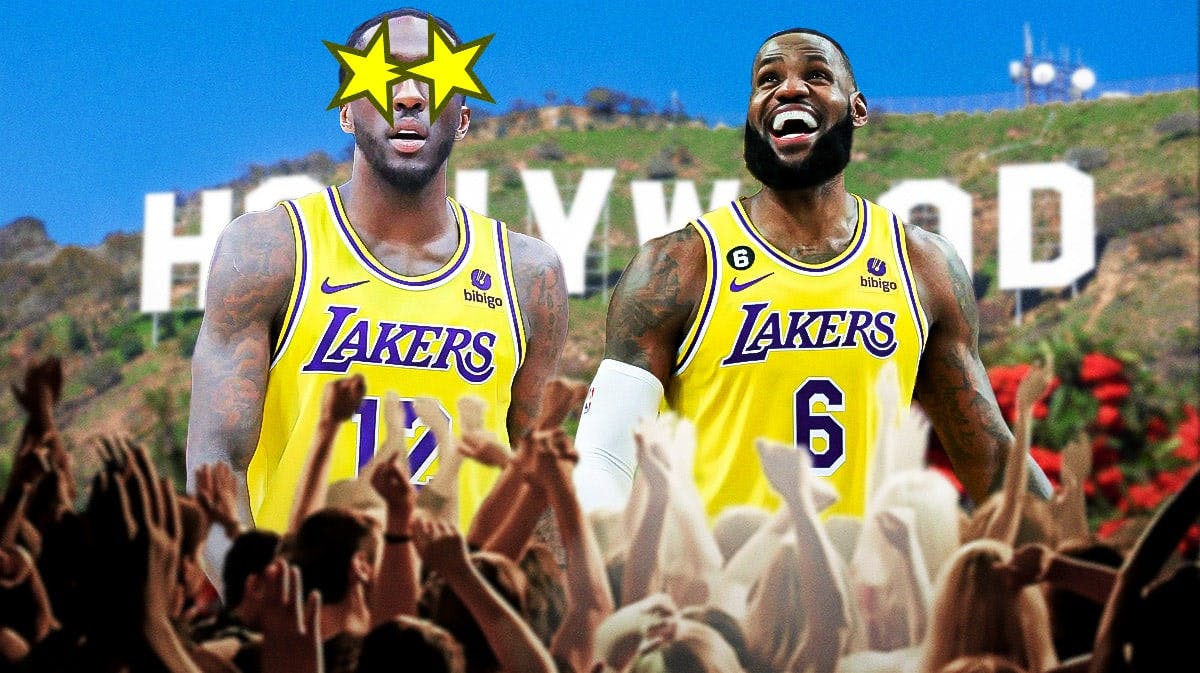 Lakers' Taurean Prince with stars in his eyes, HOLLYWOOD logo background, with LeBron James smiling at Prince