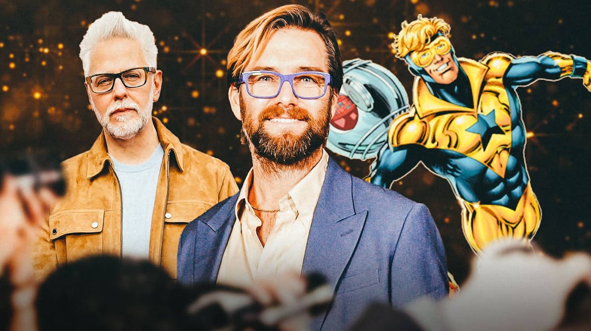 DCU head James Gunn and The Boys star Antony Starr with Booster Gold from DC Comics.