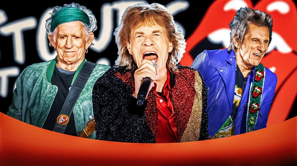 The Rolling Stones members Keith Richards, Mick Jagger, and Ronnie Wood with Hackney Diamonds 2024 tour logo in background.