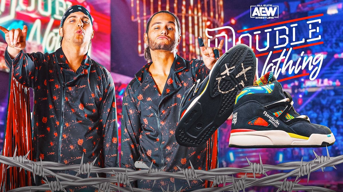The Young Bucks next to their signature Reebok Pumps with the 2024 AEW Double or Nothing logo as the background.