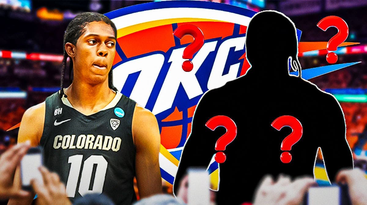 Cody Williams and a silhouetted OKC Thunder player, 3-5 question marks, OKC Thunder logo, basketball court in background