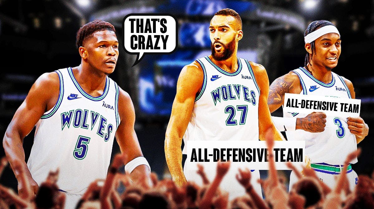 Timberwolves' Anthony Edwards saying "That's crazy" next to Rudy Gobert and Jaden McDaniels with All-Defensive signs