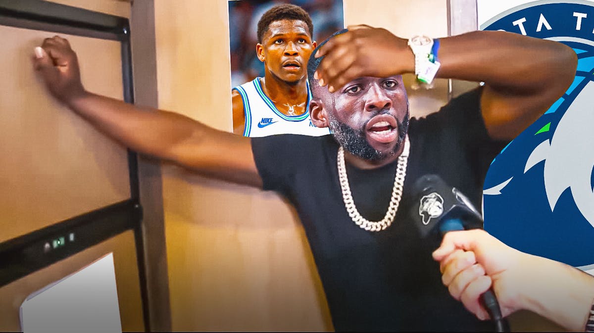 Draymond Green (Warriors), poster in the background with Face of Anthony Edwards and Timberwolves logo