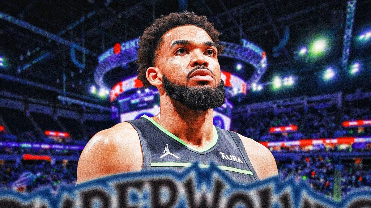 Karl-Anthony Towns, Timberwolves, Timberwolves Mavericks, Karl-Anthony Towns trade, Mavericks, Karl-Anthony Towns with TWolves arena in the background