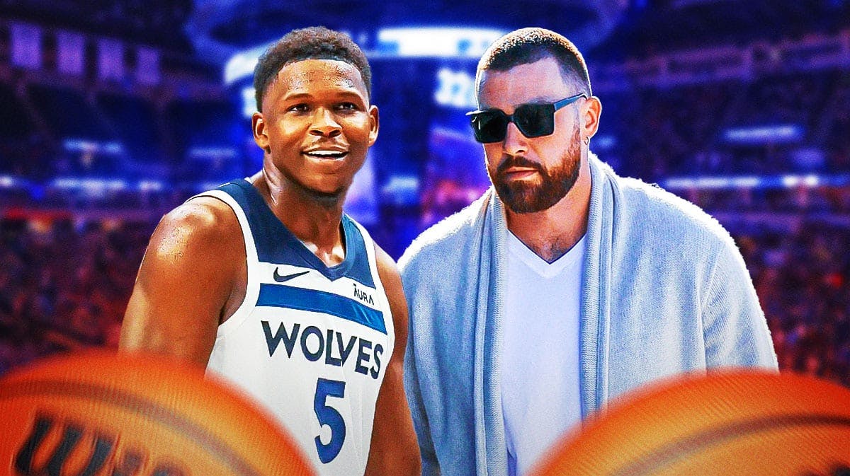 Timberwolves, Anthony Edwards, Travis Kelce, Austin Rivers, NFL NBA, Anthony Edwards and Travis Kelce with Timberwolves arena in the background