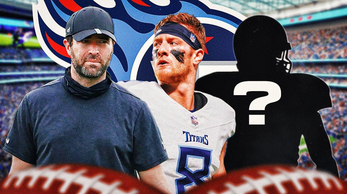 Tennessee Titans head coach Brian Callahan with QB Will Levis and a silhouette of an American football player with a big question mark inside. They are next to a logo for the Tennessee Titans.