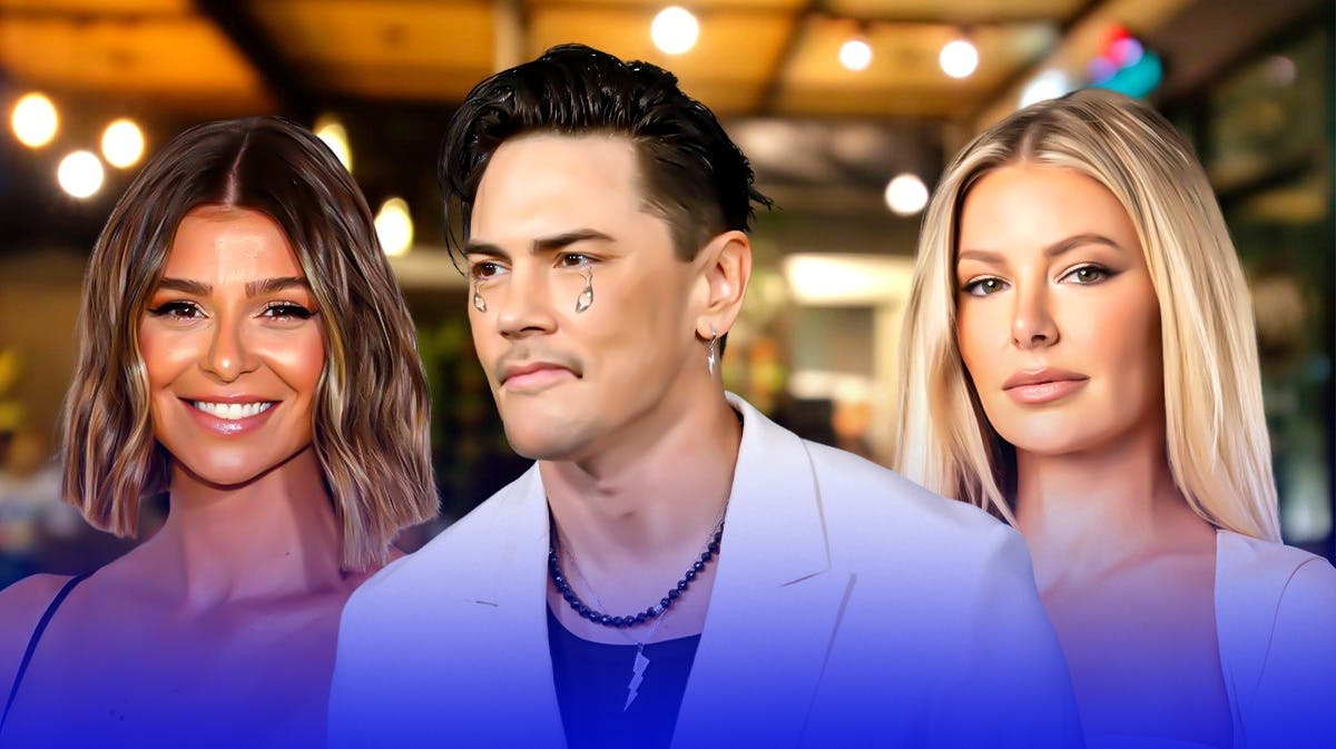 Tom Sandoval with teary eyes and Ariana Madix and Rachel Leviss