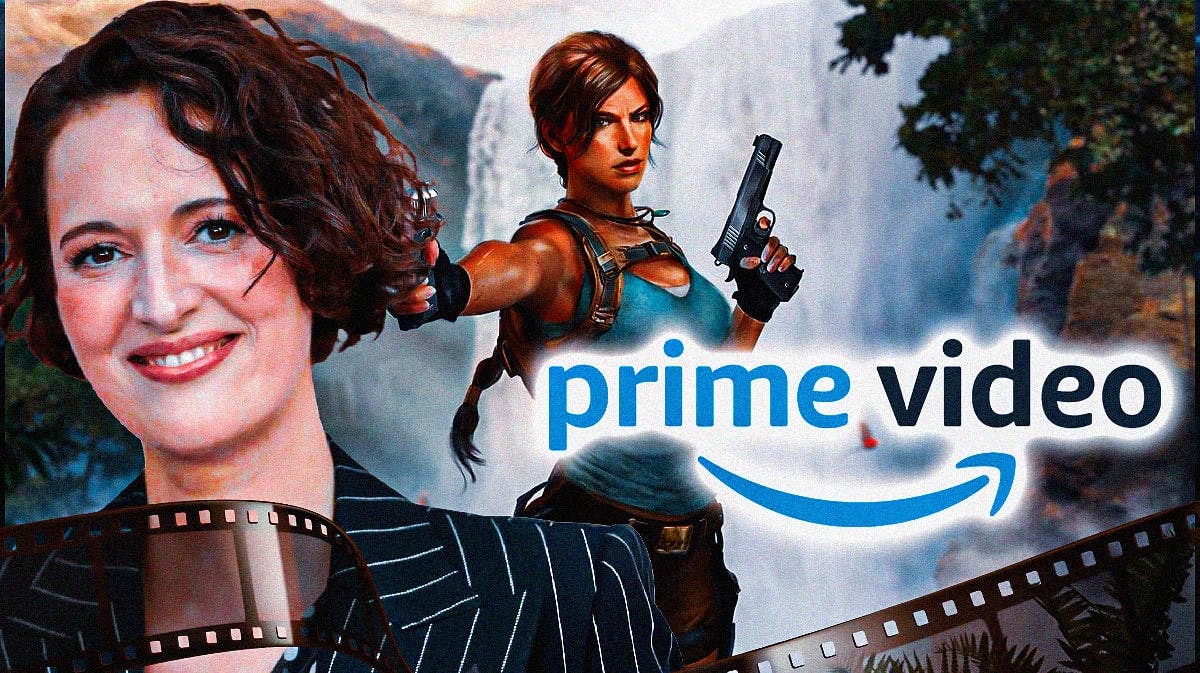 Phoebe Waller-Bridge with Lara Croft from Tomb Raider and Prime Video logo.