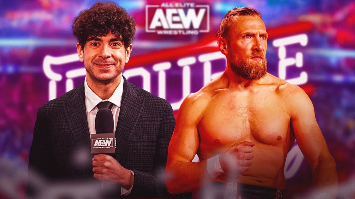 Bryan Danielson next to Tony Khan with the AEW Double or Nothing logo as the background.