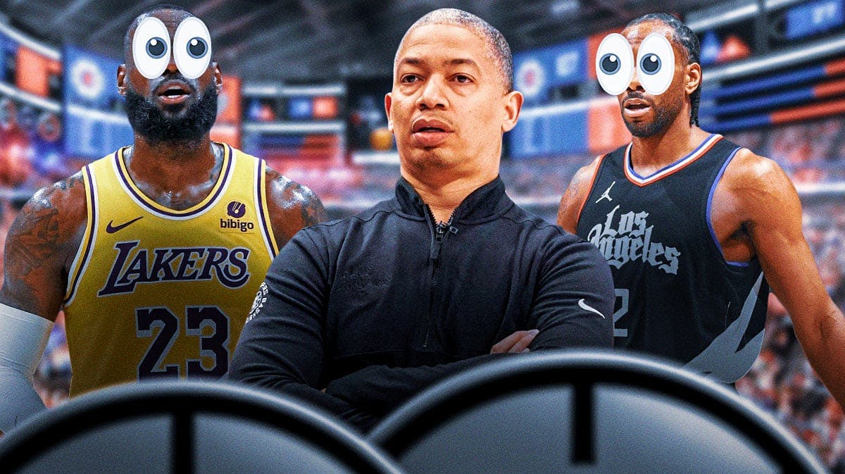 Clippers' Ty Lue next to Kawhi Leonard and LeBron James with emoji eyes.