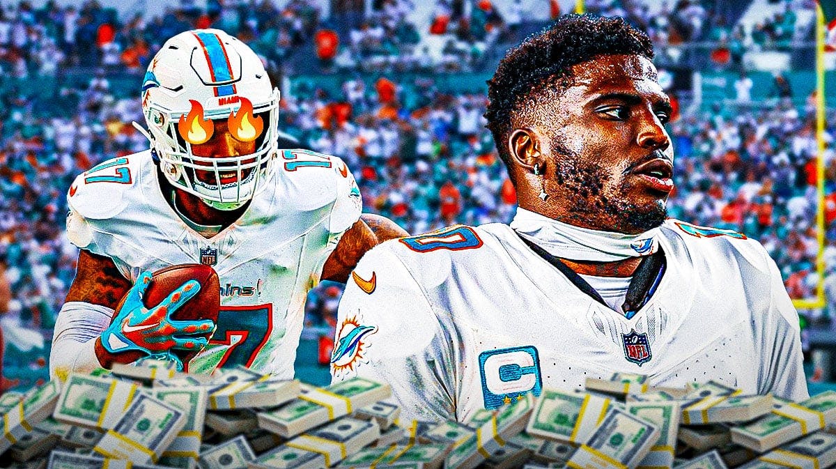 Miami Dolphins wide receiver Tyreek Hill with receiver Jaylen Waddle. They are both surrounded by dollar sign emojis, and Hill has fire emojis over his eyes. There is also a logo for the Miami Dolphins.