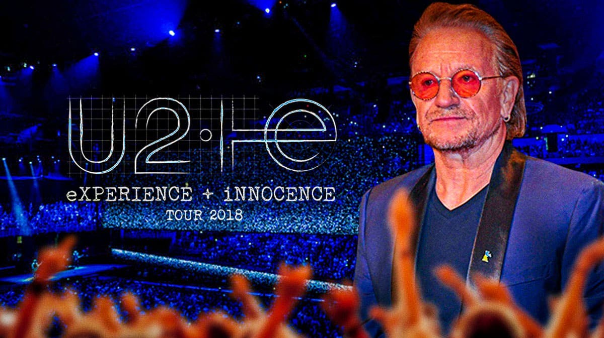 Bono with U2 Experience + Innocence tour logo and stage.