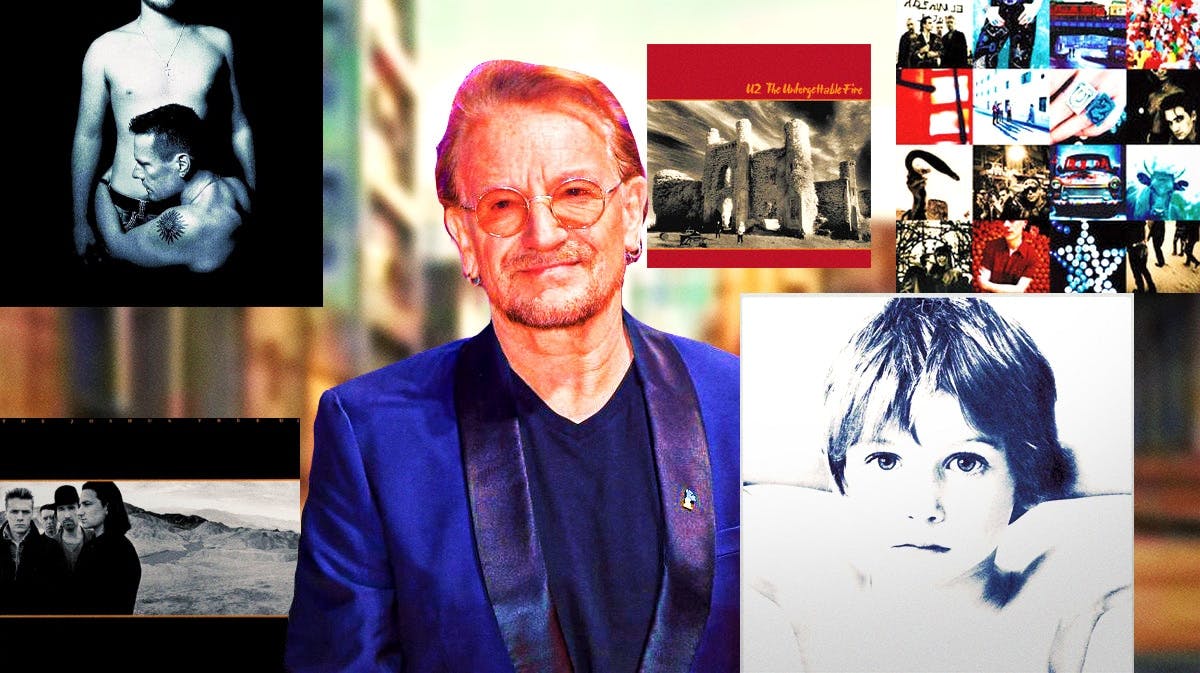 Bono with U2 albums Songs of Innocence, The Joshua Tree, The Unforgettable Fire, Boy, and Achtung Baby.