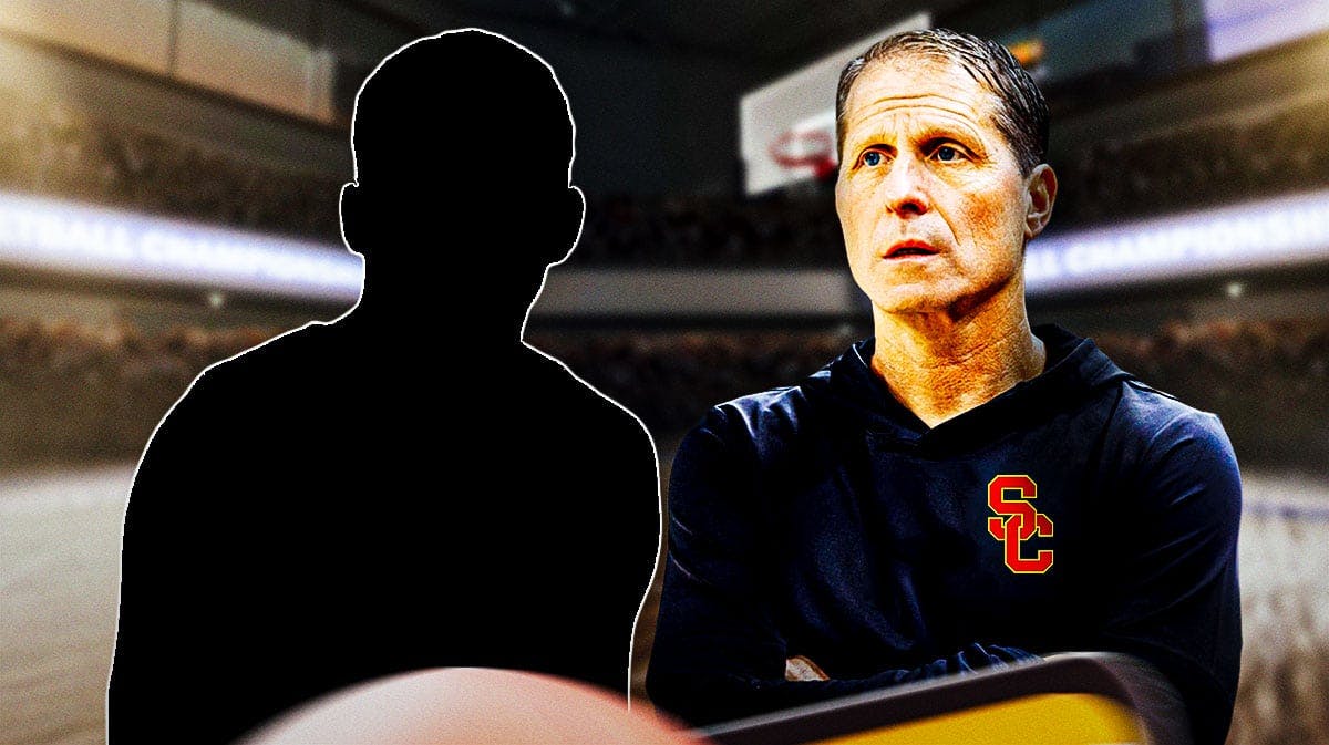 USC basketball's Eric Musselman and a silhouette of a player
