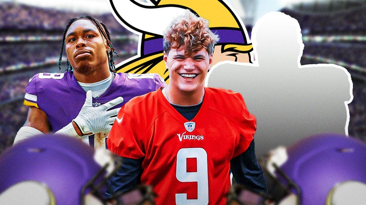 Minnesota Vikings QB J.J. McCarthy with wide receiver Justin Jefferson and a silhouette of an American football player with a big question mark in the middle. There is also a logo for the Minnesota Vikings