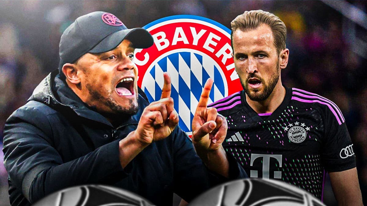 Vincent Kompany shouting next to Harry Kane, the Bayern Munich logo behind them