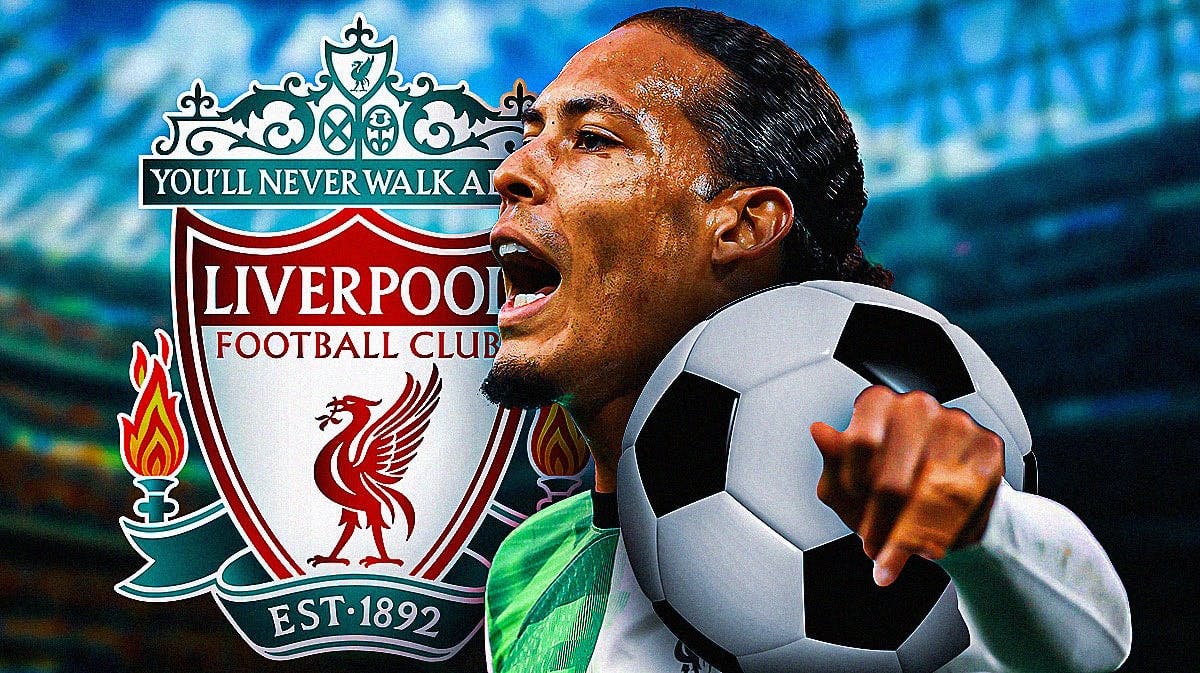 Virgil van Dijk shouting in front of the Liverpool logo