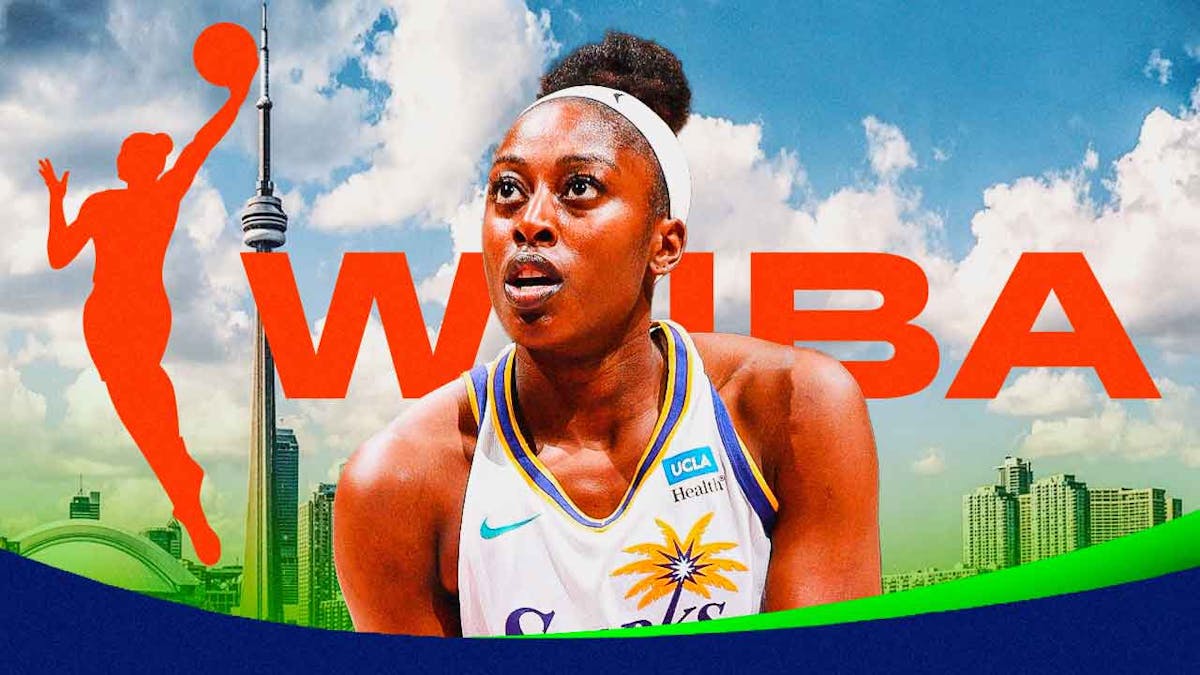 Chiney Ogwumike with the Toronto skyline and the WNBA logo in the background