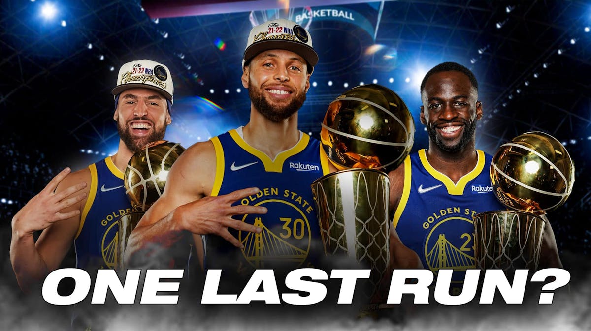 arriors' Stephen Curry, Klay Thompson, and Draymond Green holding the 2022 NBA championship, with caption below: ONE LAST RUN?