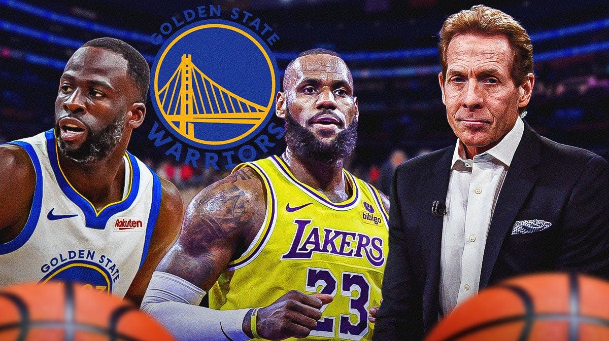 Warriors' Draymond Green stands next to Skip Bayless, Lakers' LeBron James
